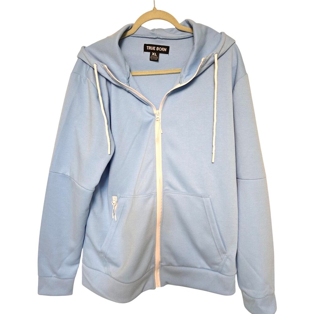 True Born Mens XL Light Blue Full Zip Hoodie White Zipper NWOT NEW